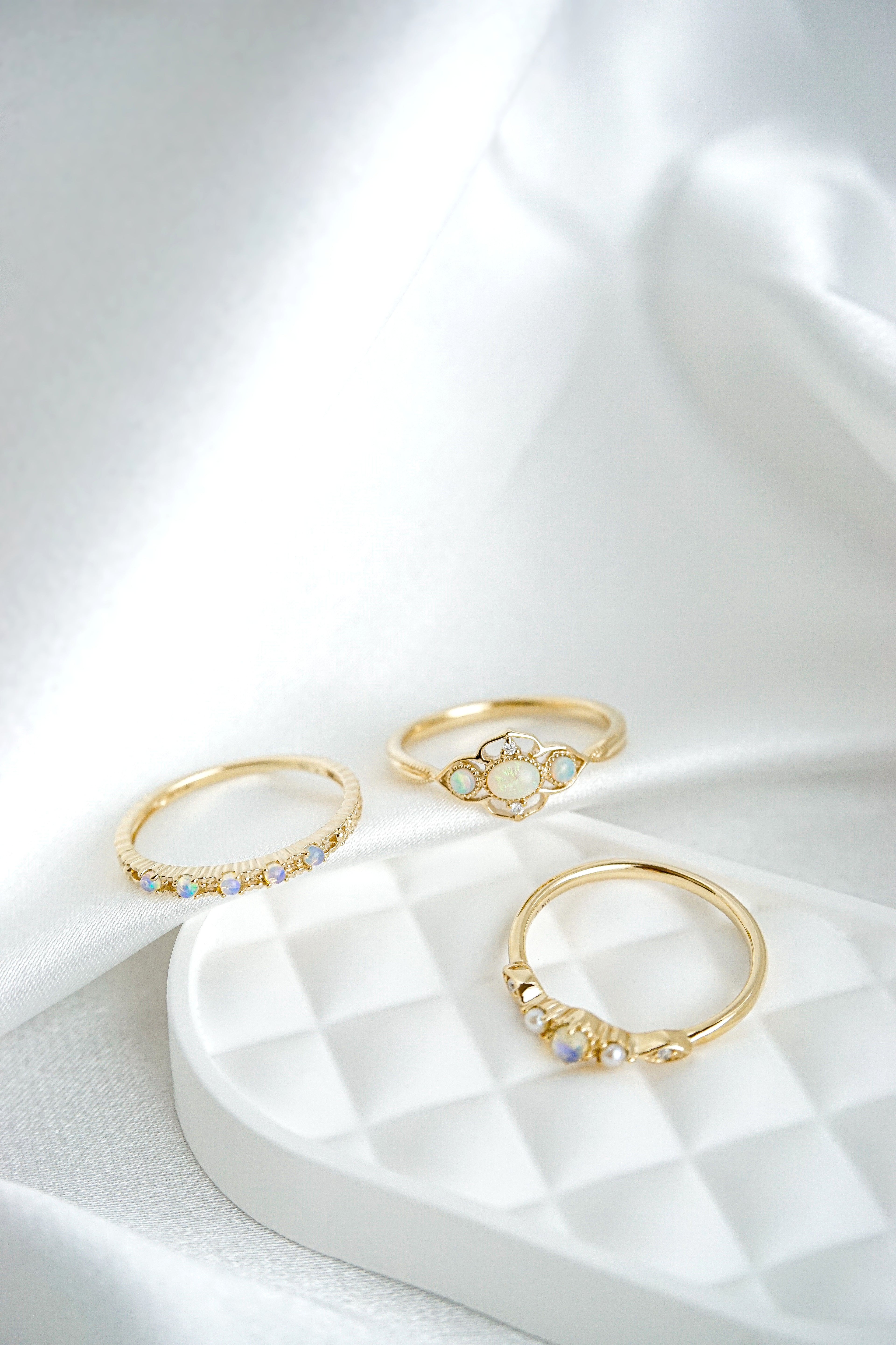 三款日本製10K金18K金蛋白石鑽石珍珠戒指