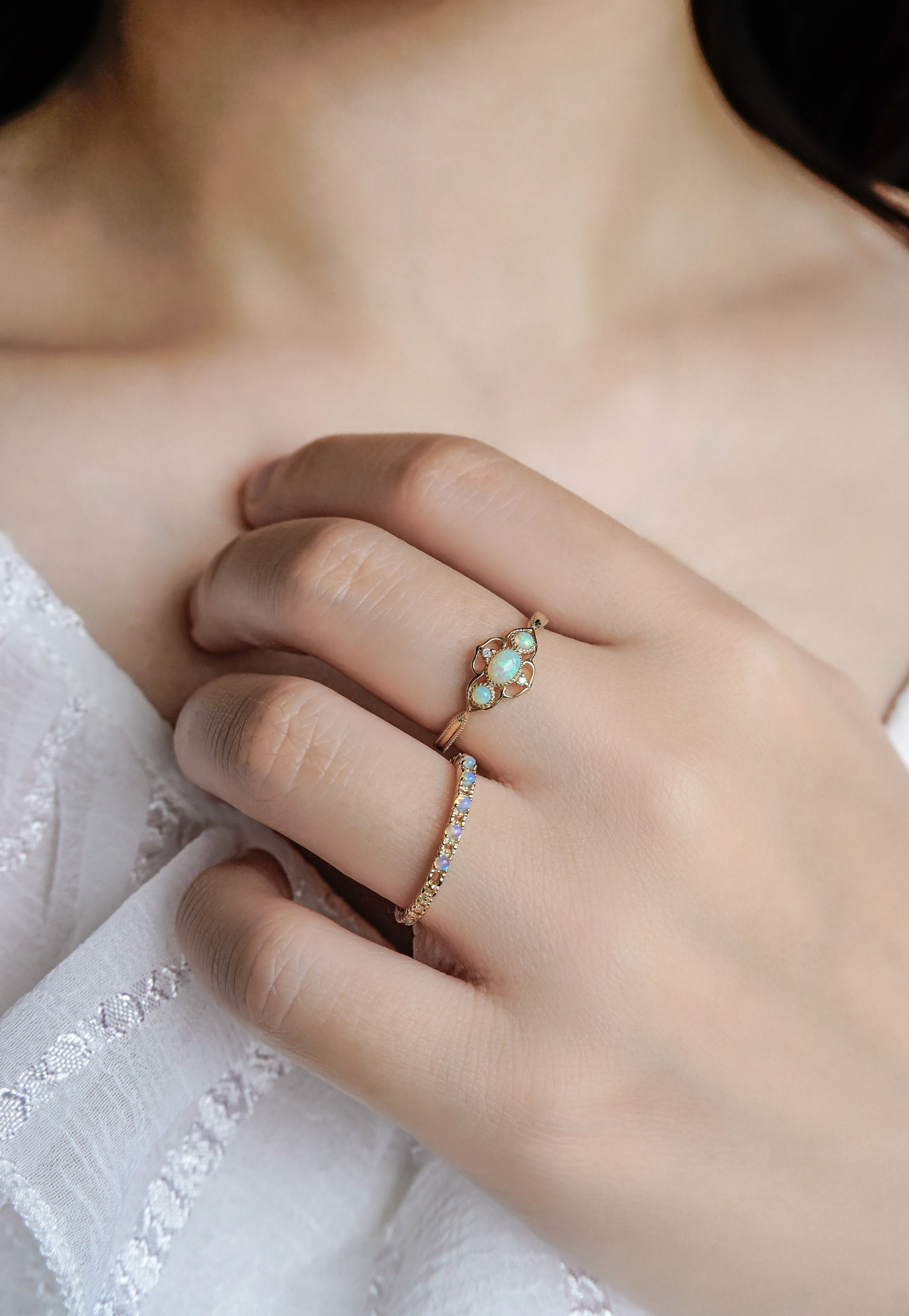 兩款日本製10K金18K金蛋白石鑽石戒指排戒真人佩戴效果圖正面