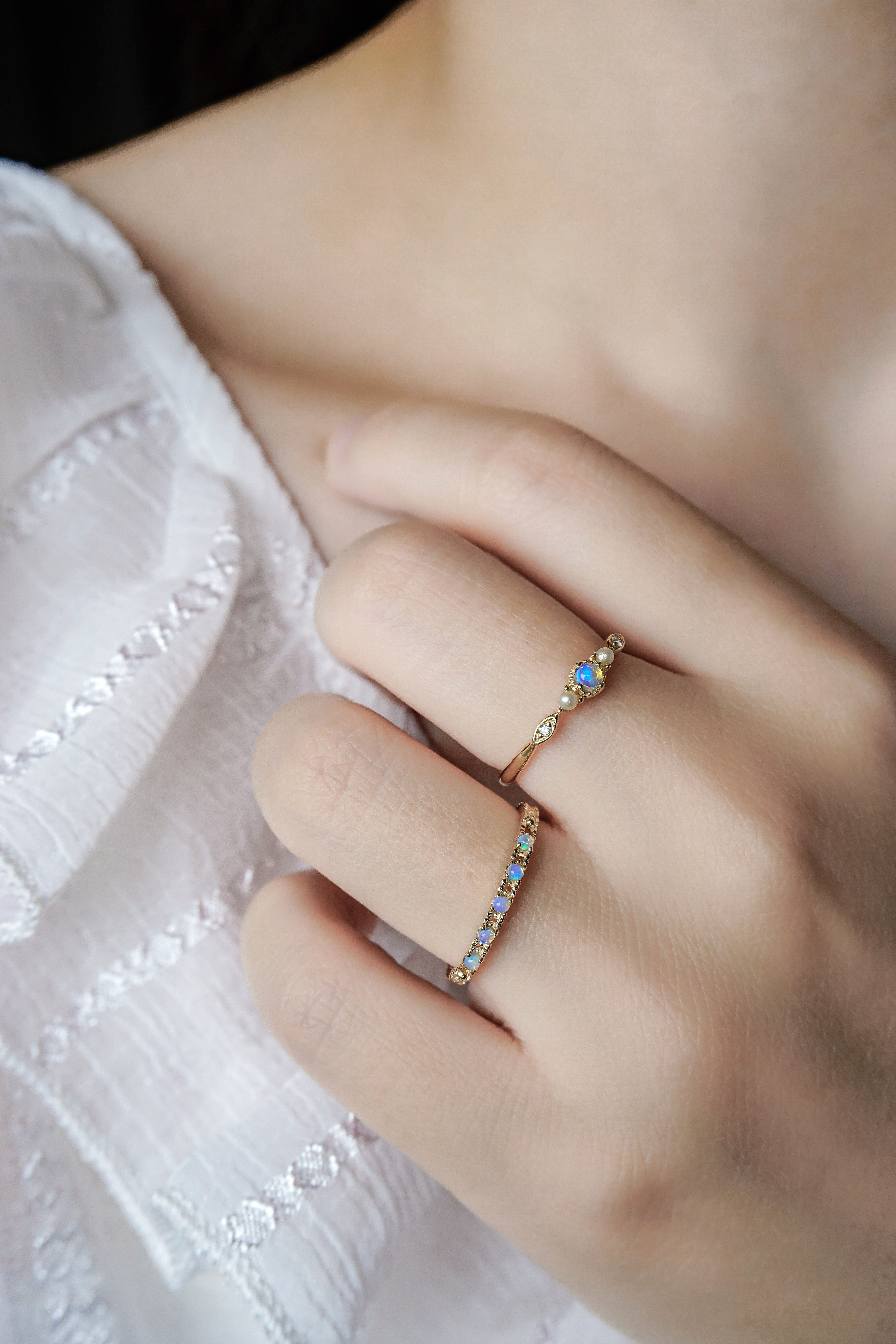 兩款日本製10K金18K金蛋白石珍珠鑽石戒指排戒真人佩戴效果圖正面