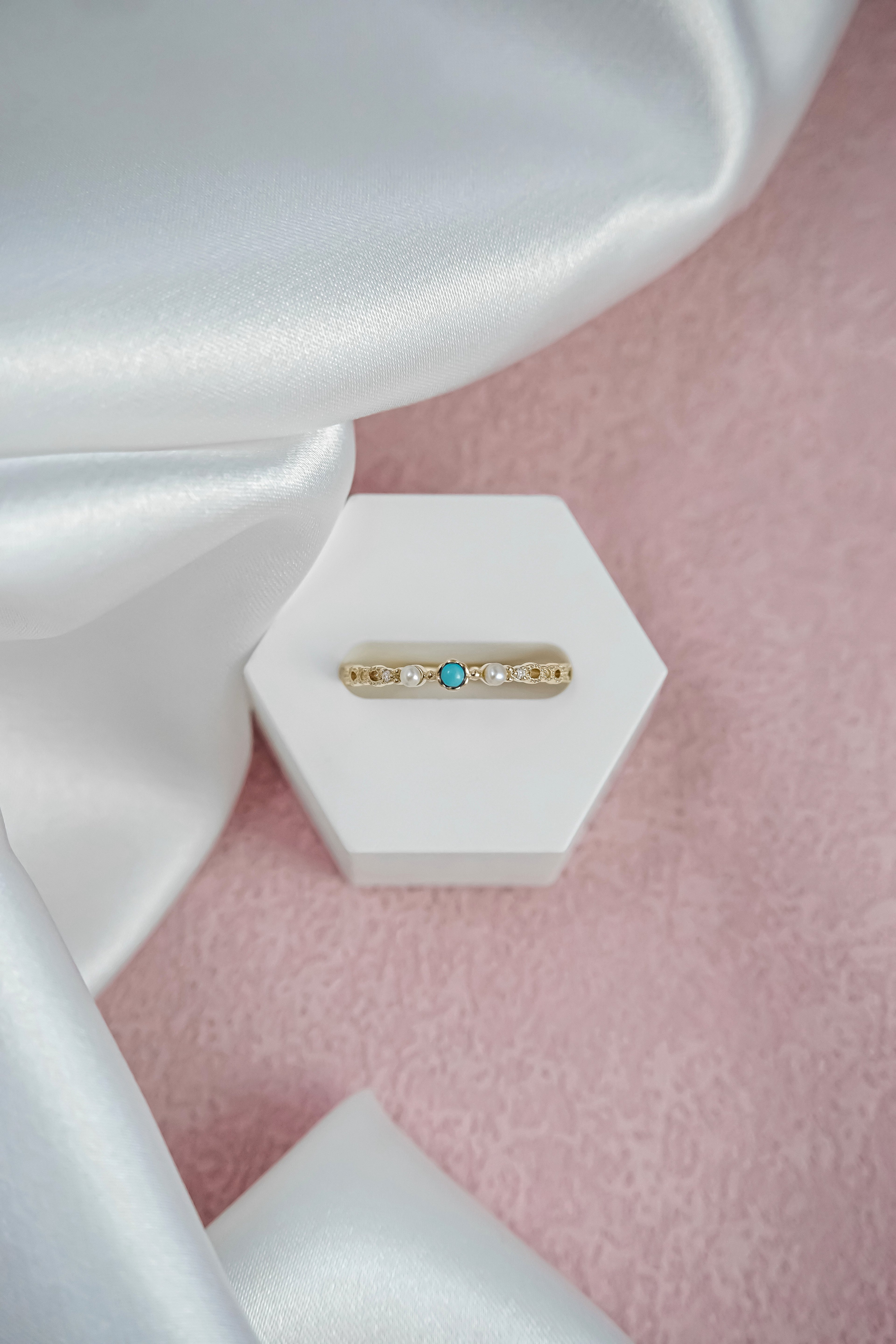 日本製10K金18K金綠松石珍珠鑽石戒指正面高拍