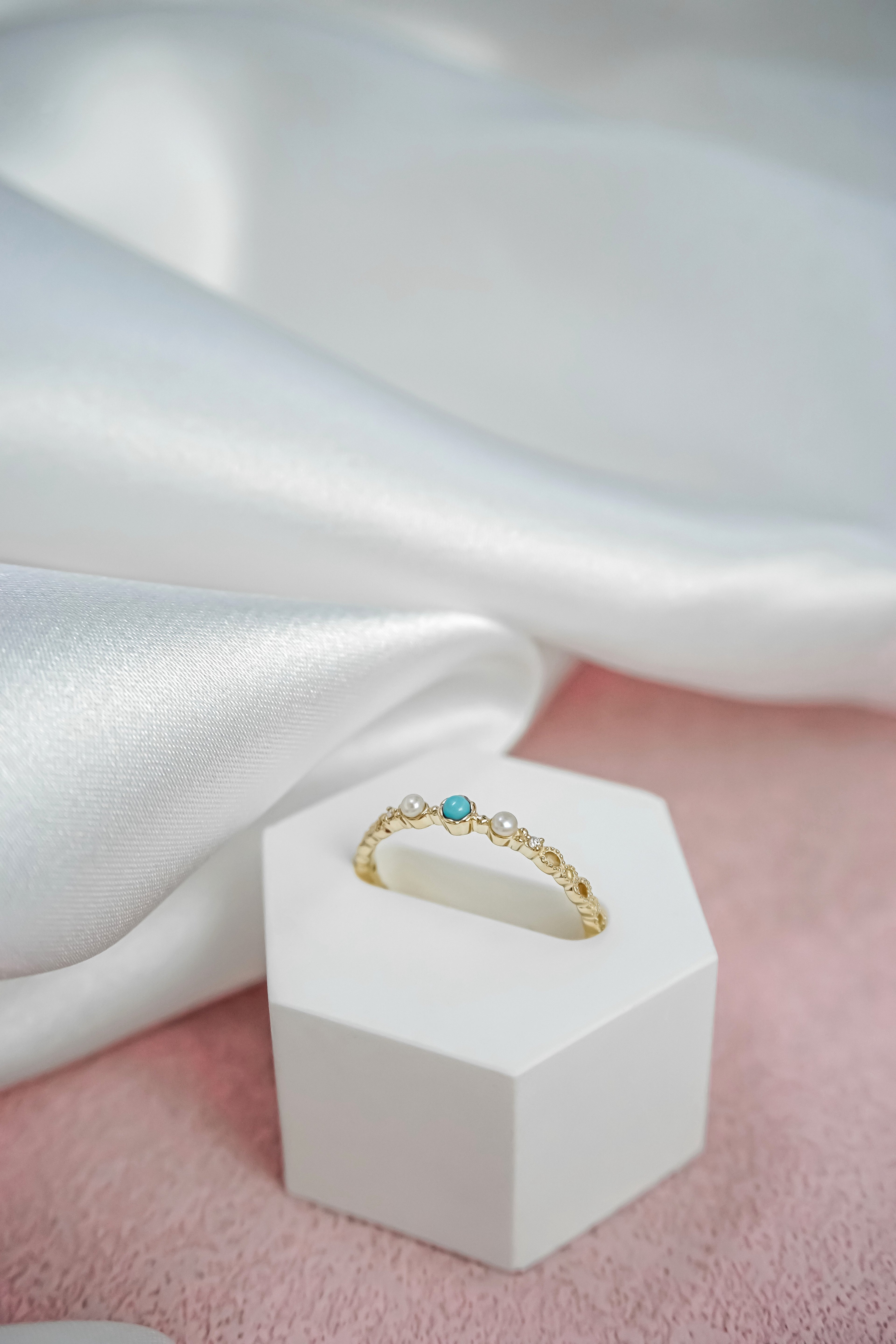 日本製10K金18K金綠松石珍珠鑽石戒指左面