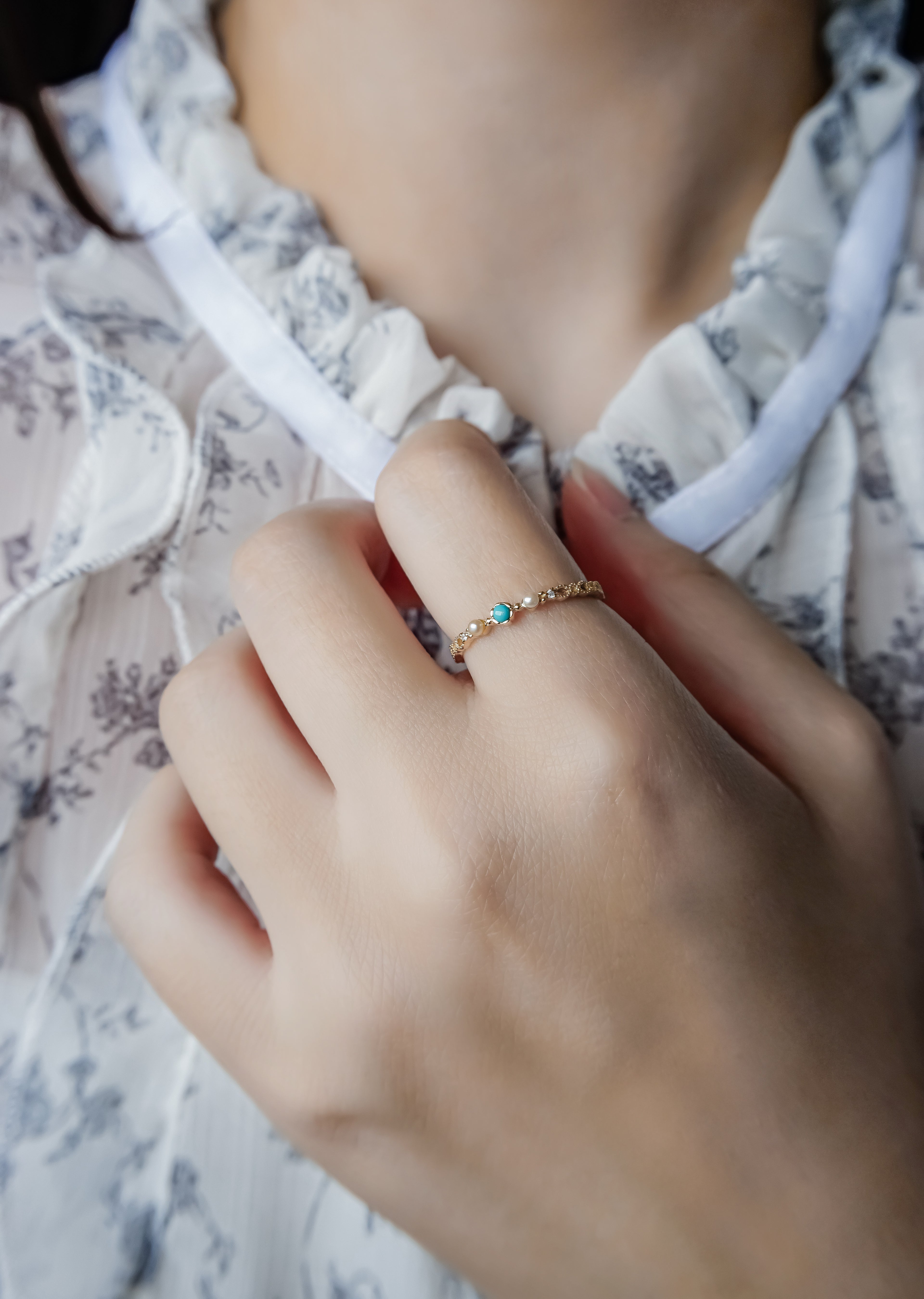 日本製10K金18K金綠松石珍珠鑽石戒指真人佩戴效果圖