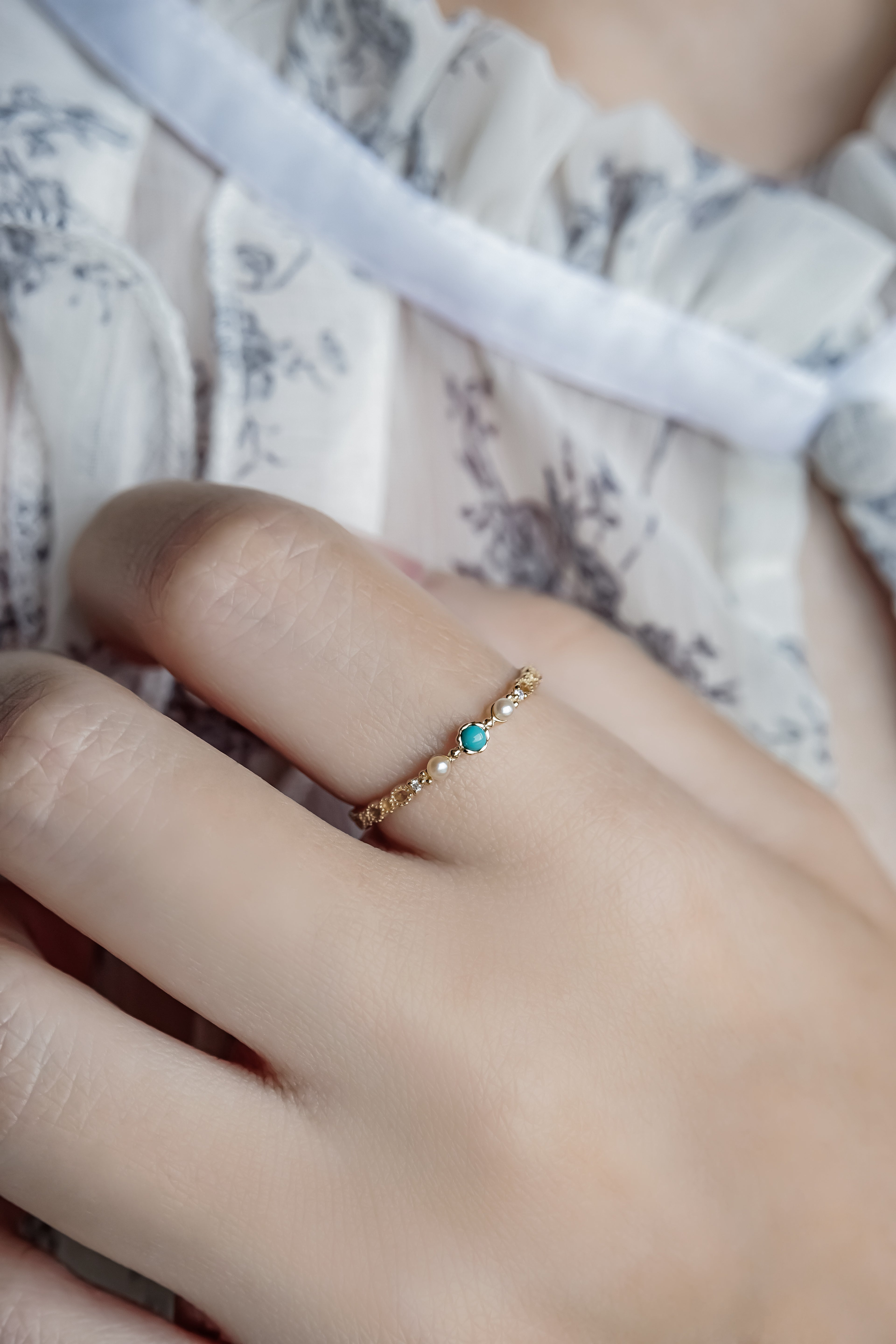 日本製10K金18K金綠松石珍珠鑽石戒指真人佩戴效果圖近拍