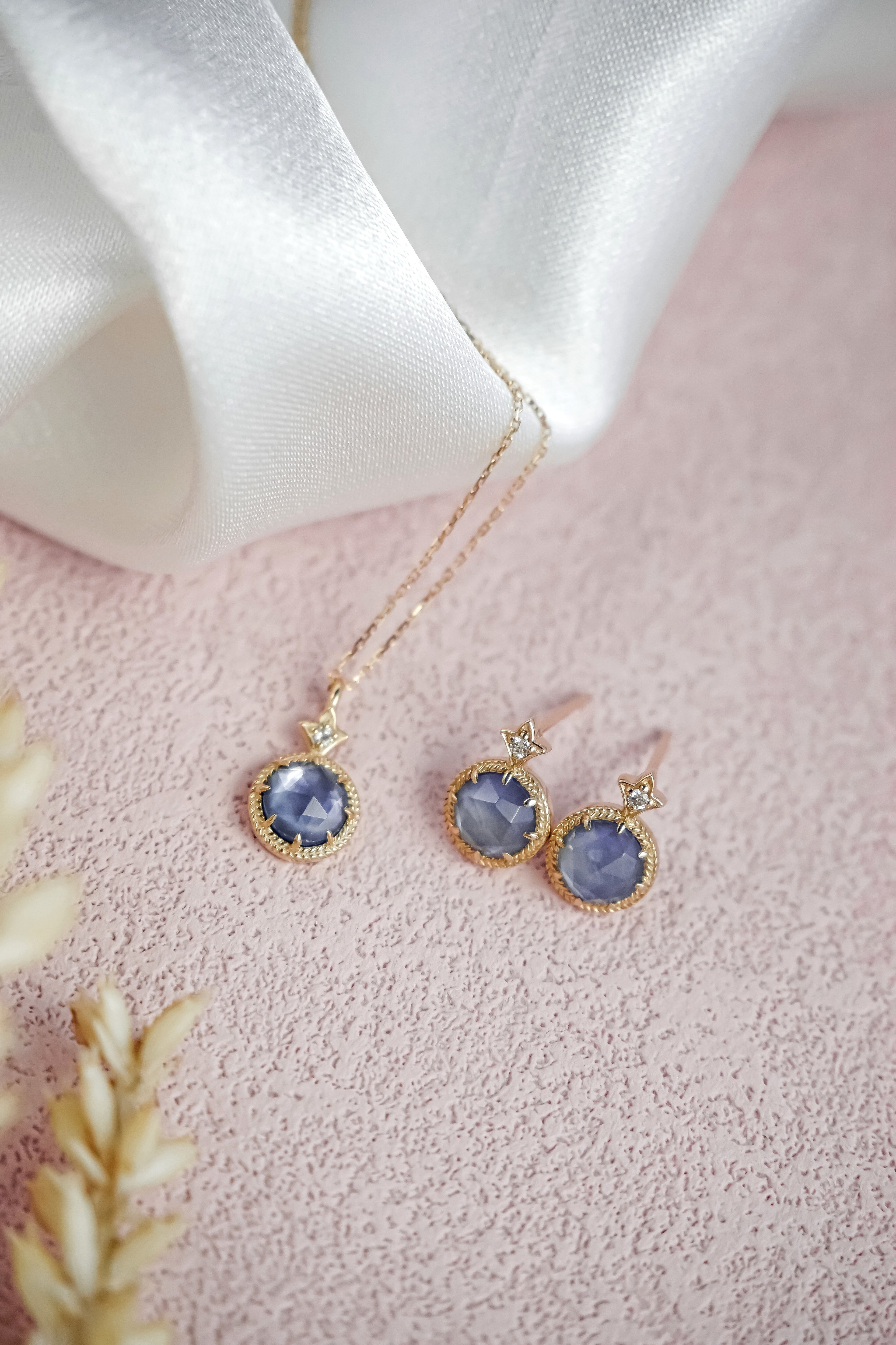 日本製10K金18K金夾層石藍寶石鑽石項鍊耳環耳釘套裝