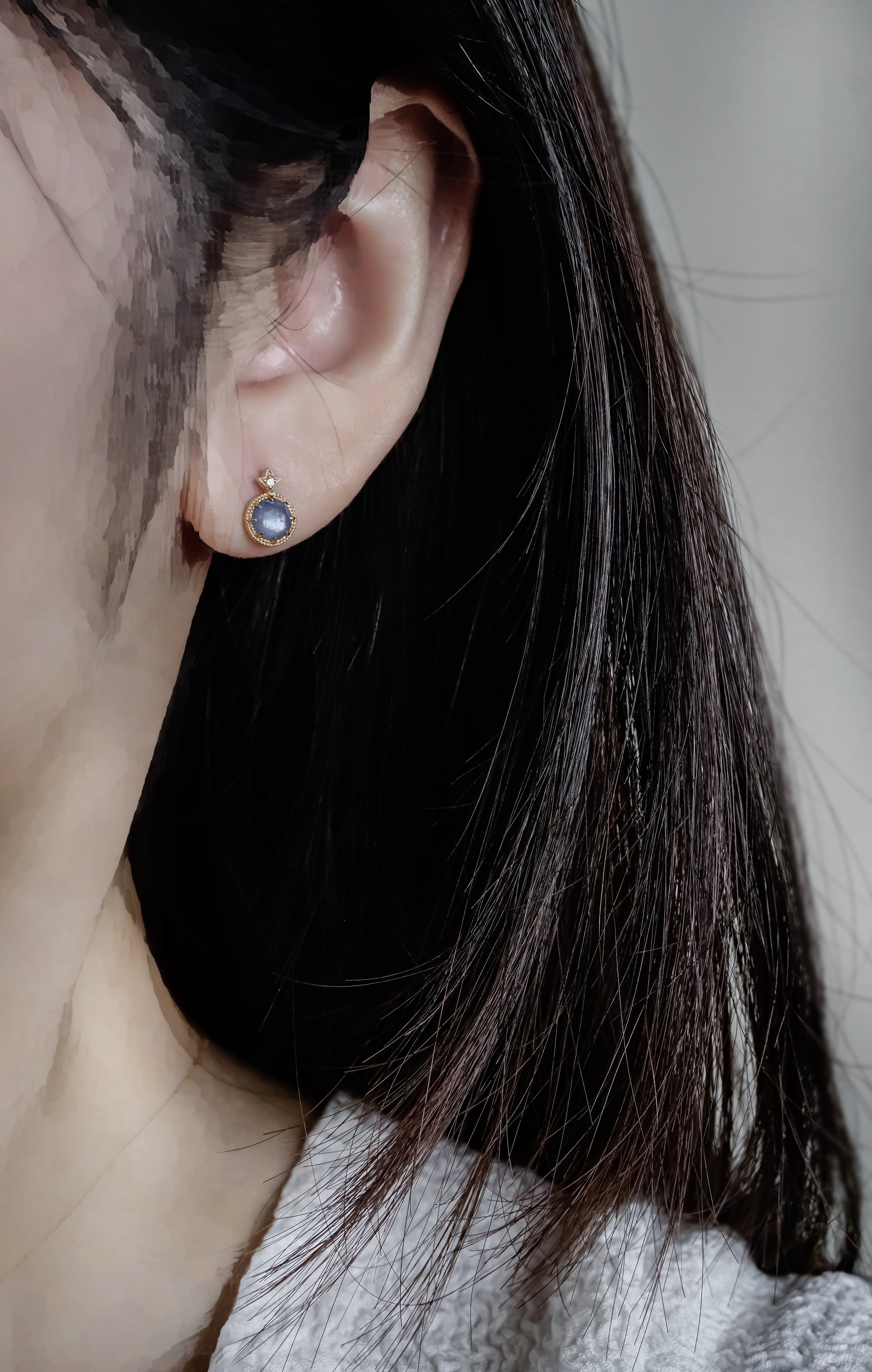 日本製10K金18K金藍寶石鑽石耳環耳釘真人佩戴效果圖遠拍