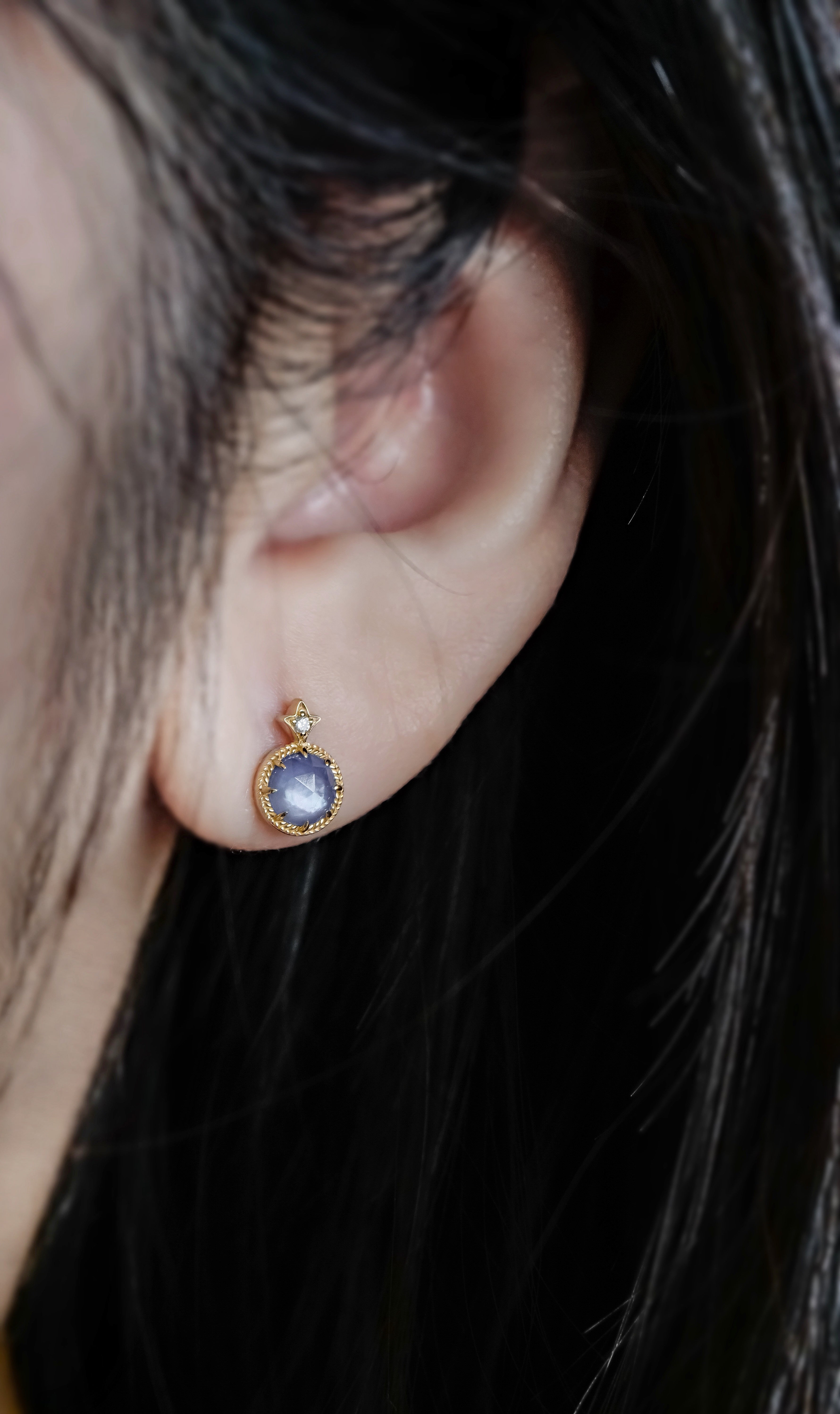 日本製10K金18K金藍寶石鑽石耳環耳釘真人佩戴效果圖近拍