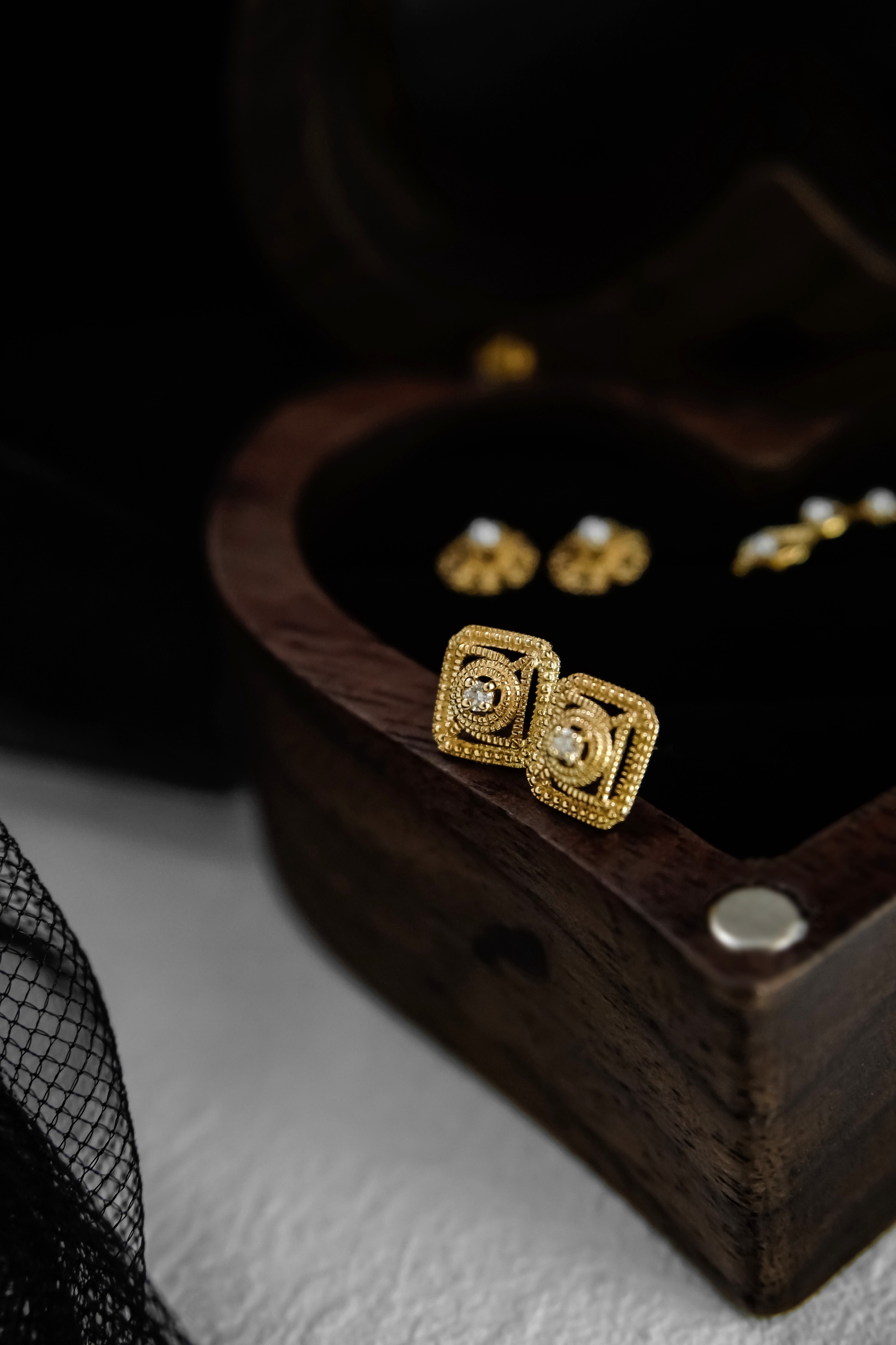 日本製K金古典方形鑽石耳環側面