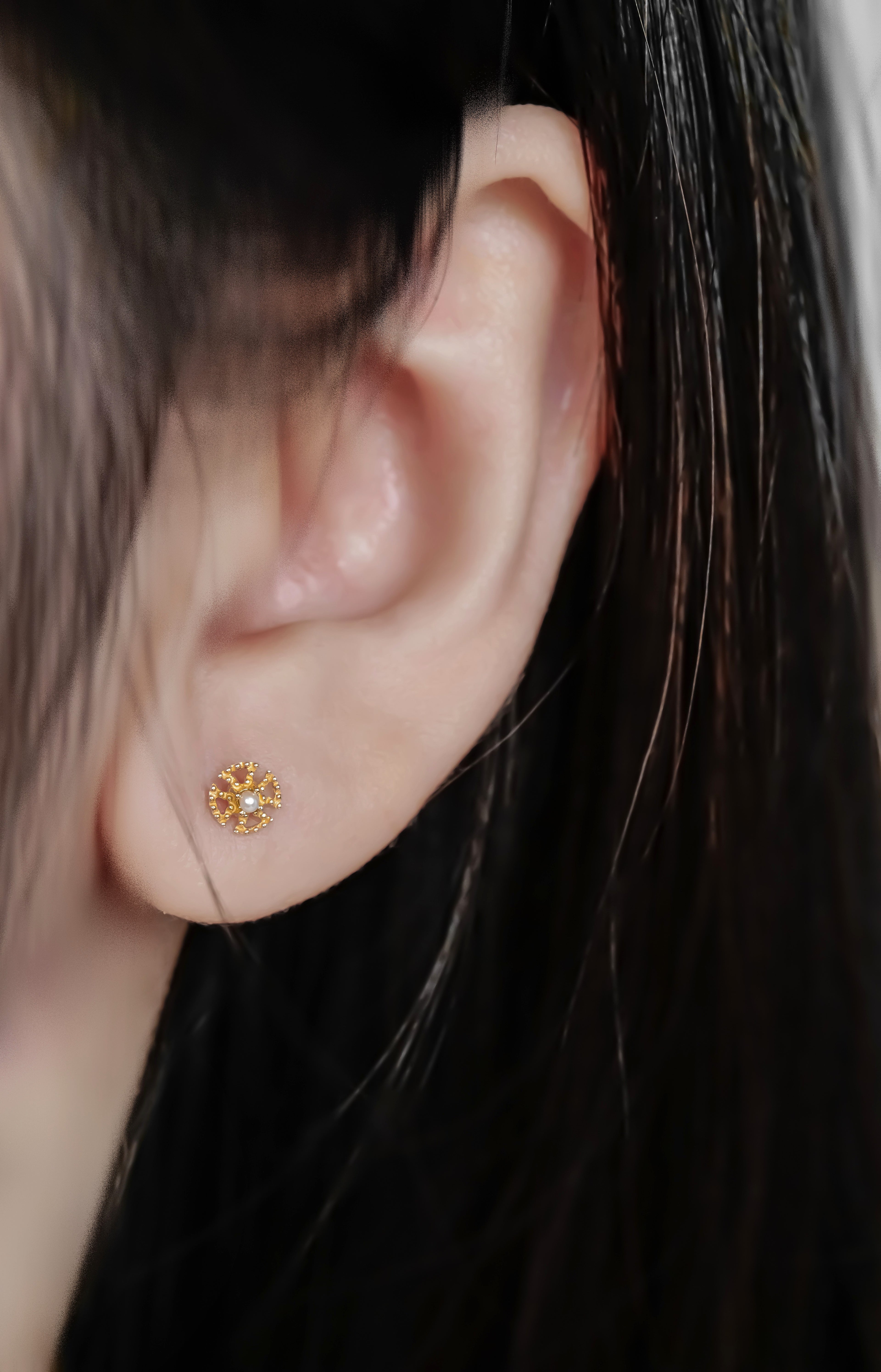 日本製10K金18K金風車珍珠耳環耳釘真人佩戴效果圖近拍