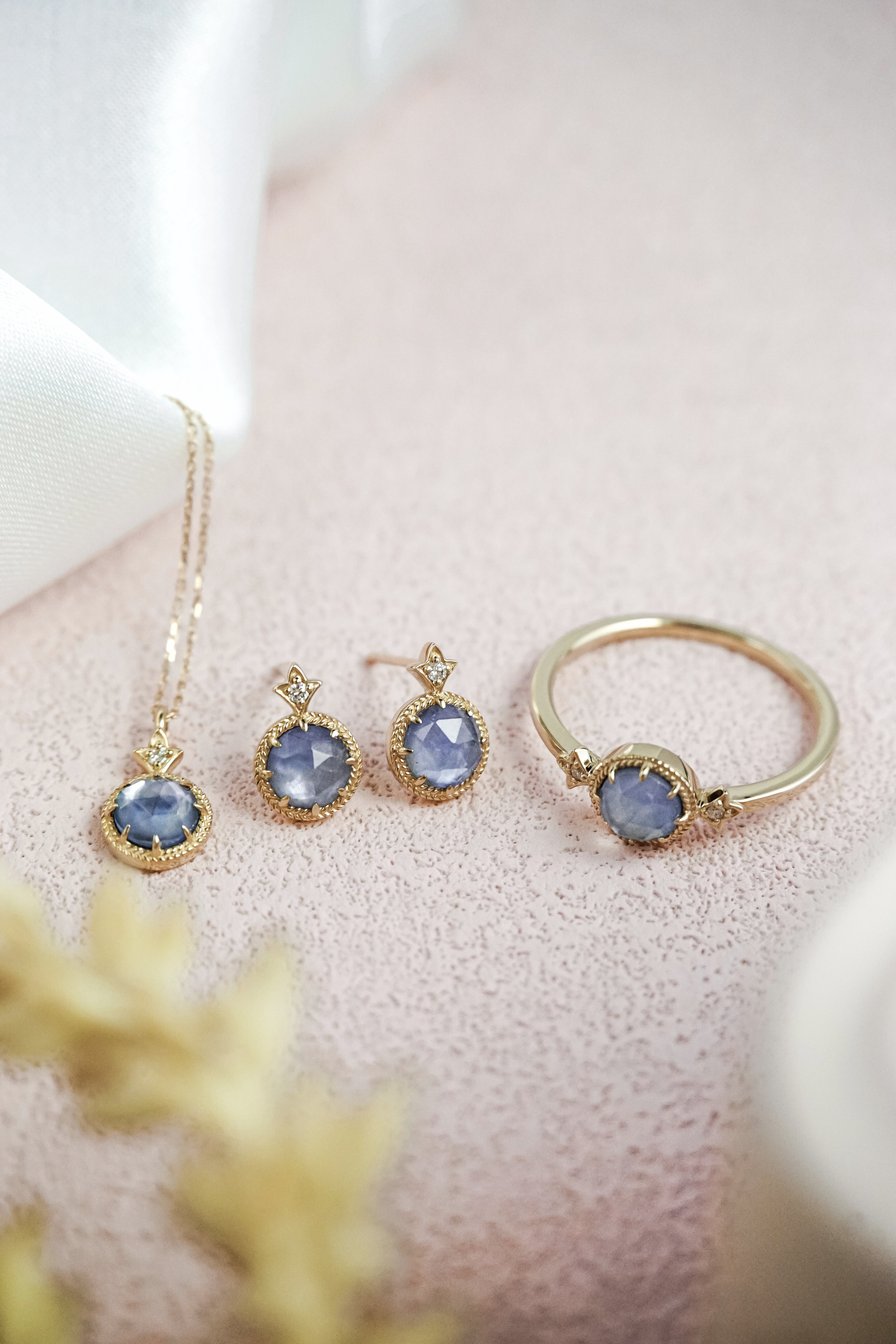 日本製10K金18K金夾層石藍寶石鑽石項鍊耳環耳釘戒指套裝