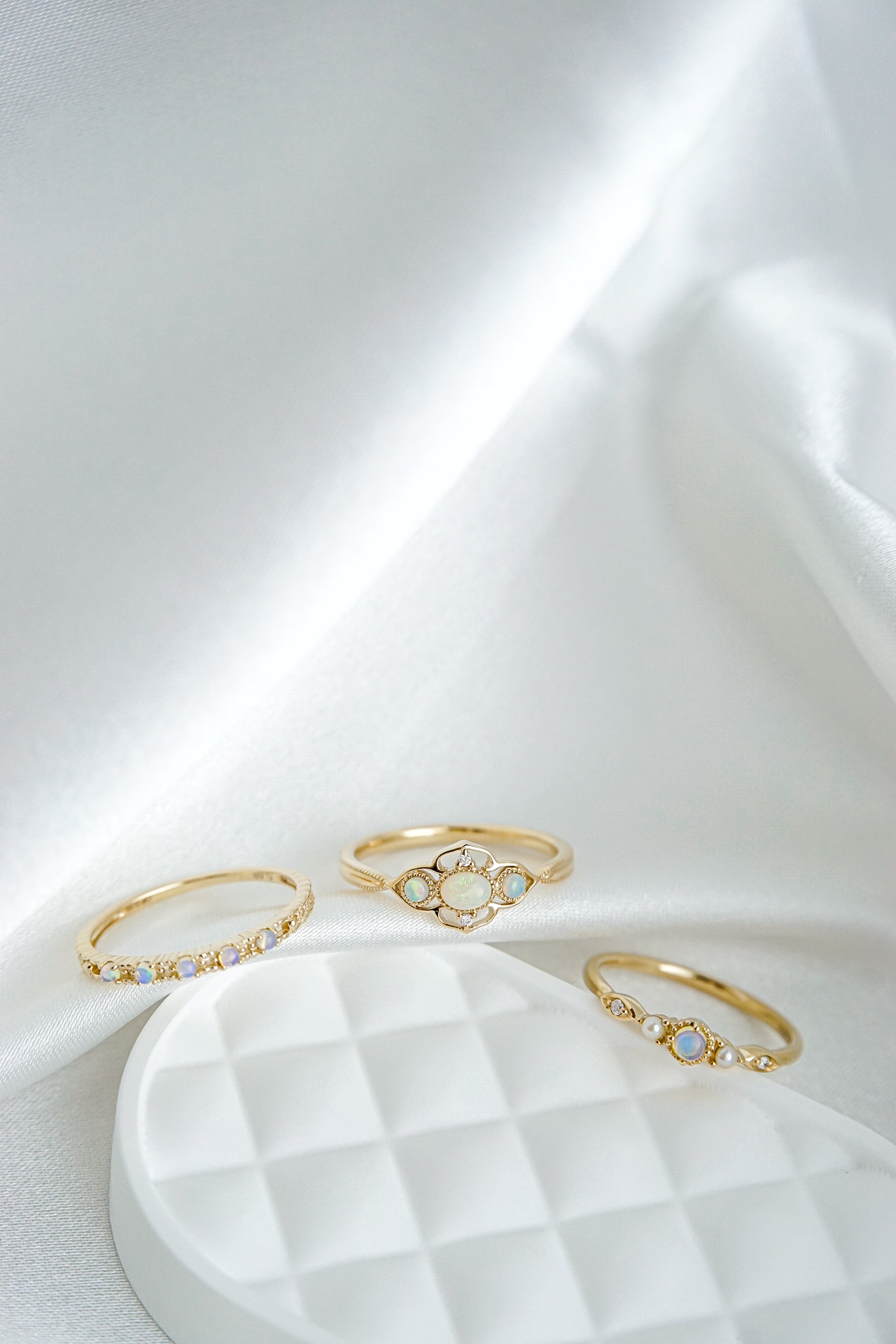 三款日本製K金蛋白石珍珠鑽石戒指排戒