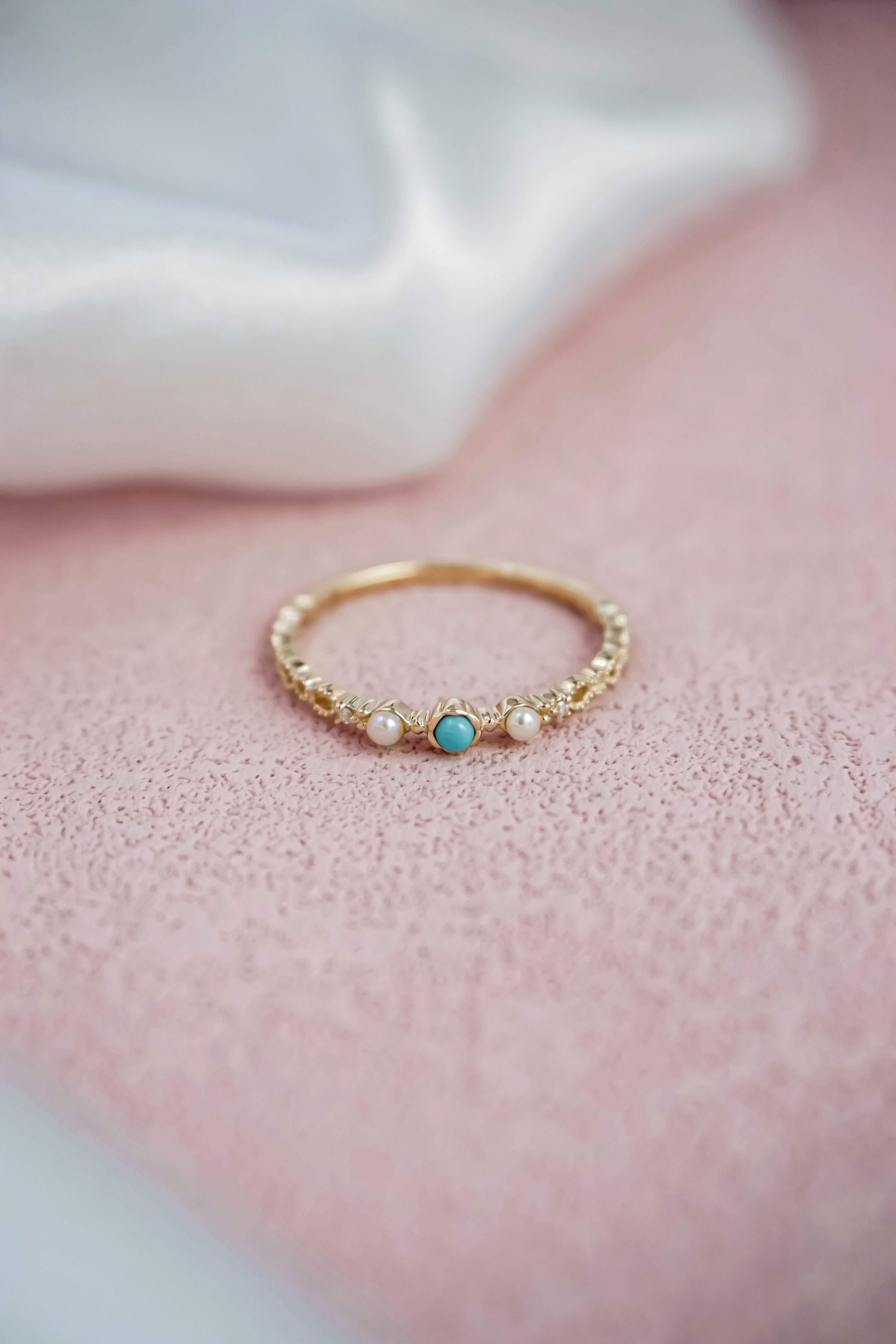 日本製10K金18K金綠松石珍珠鑽石戒指正面近拍