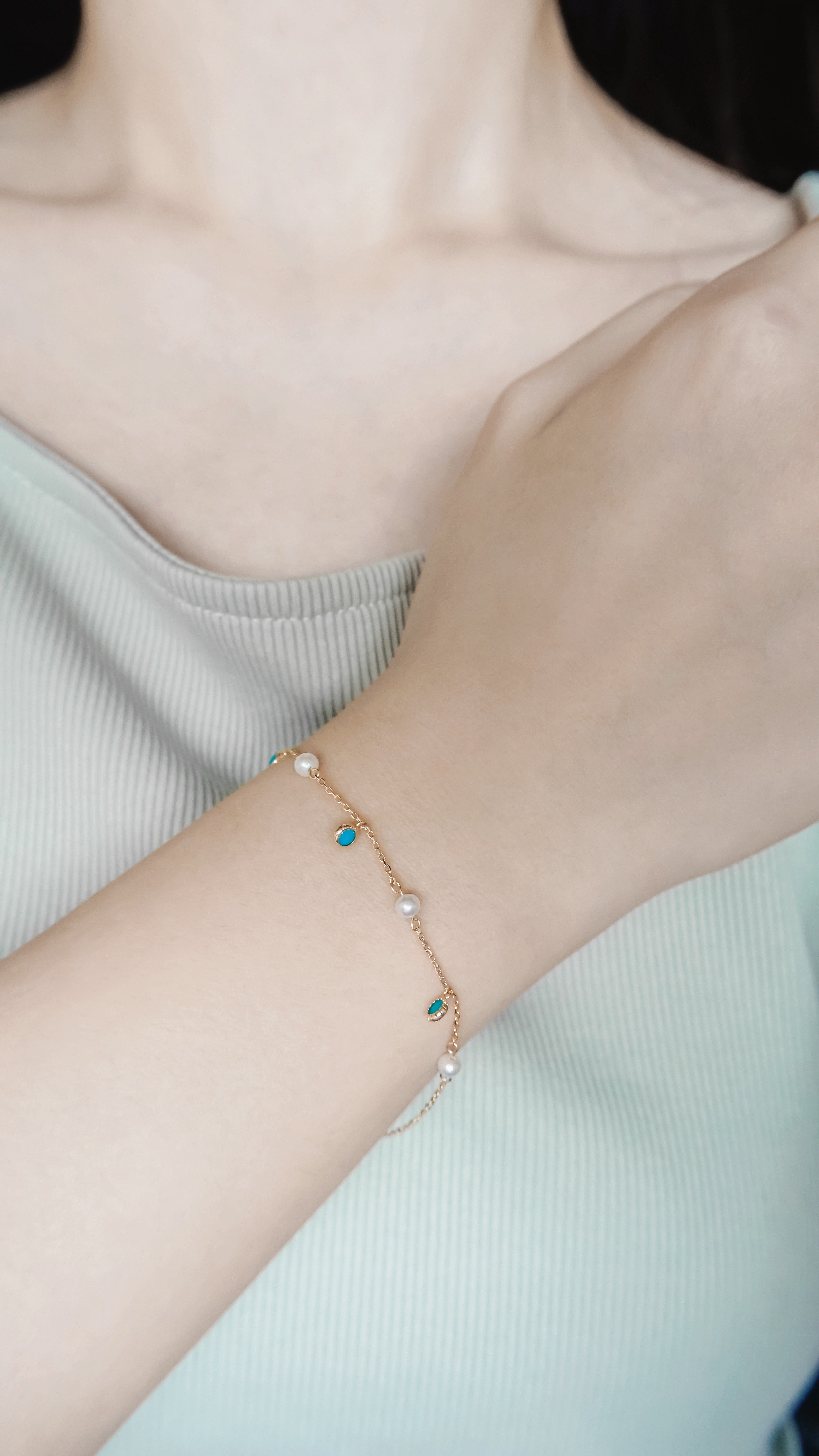 珍藍相映|綠松石珍珠手鍊