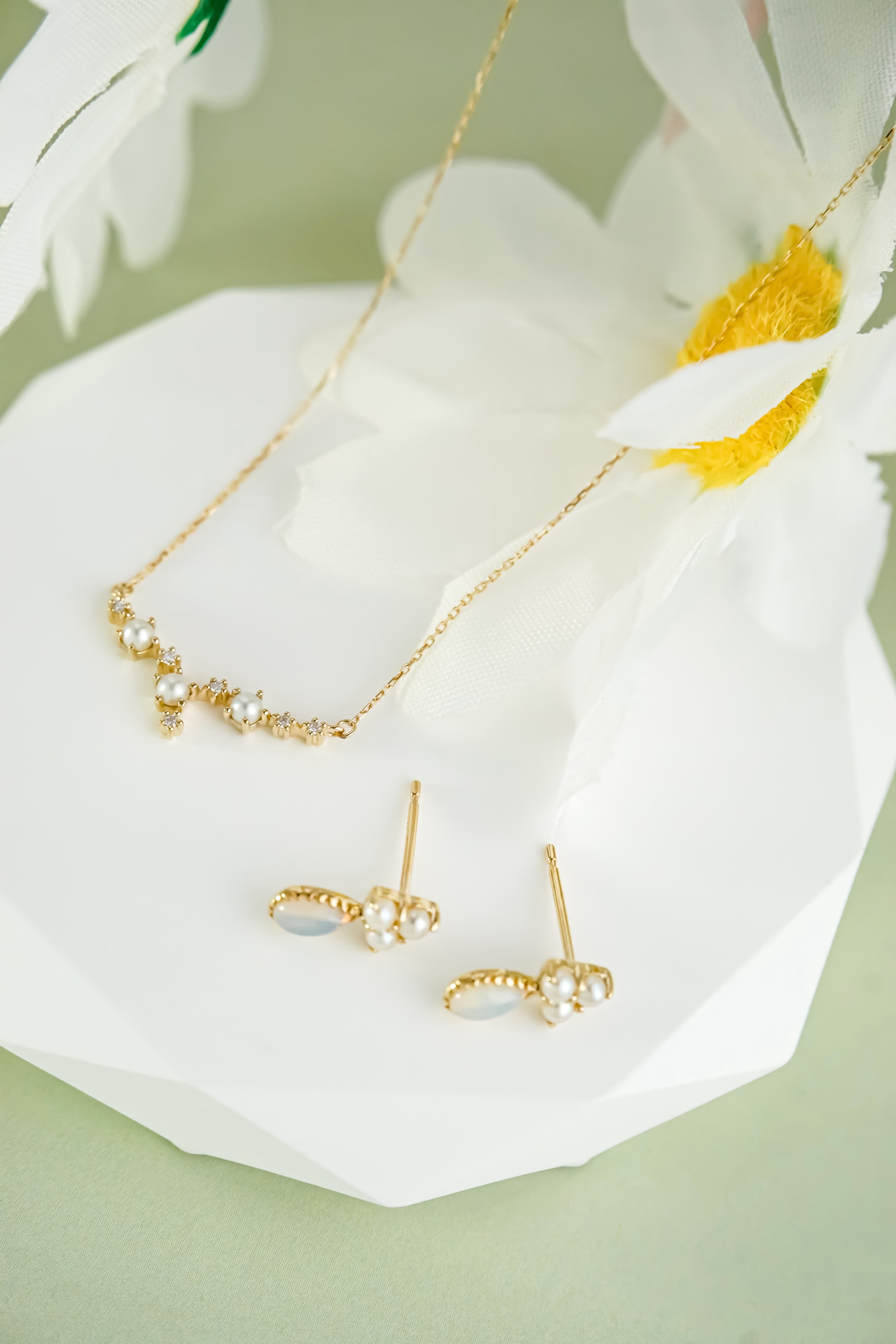 日本製K金淡水珍珠天然鑽石項鍊頸鏈蛋白石珍珠耳環耳釘