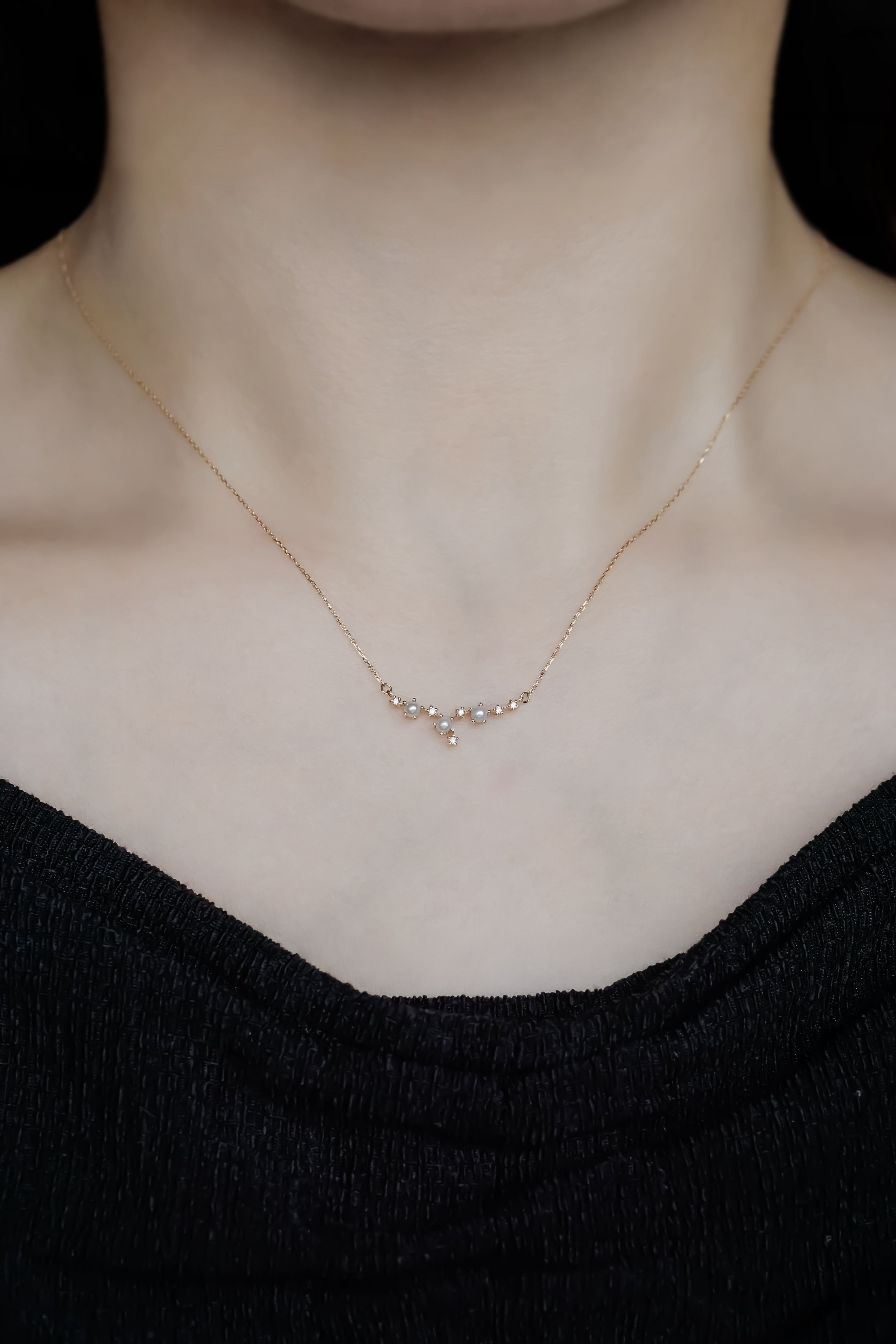 日本製K金淡水珍珠天然鑽石項鍊頸鏈真人佩戴效果圖正面