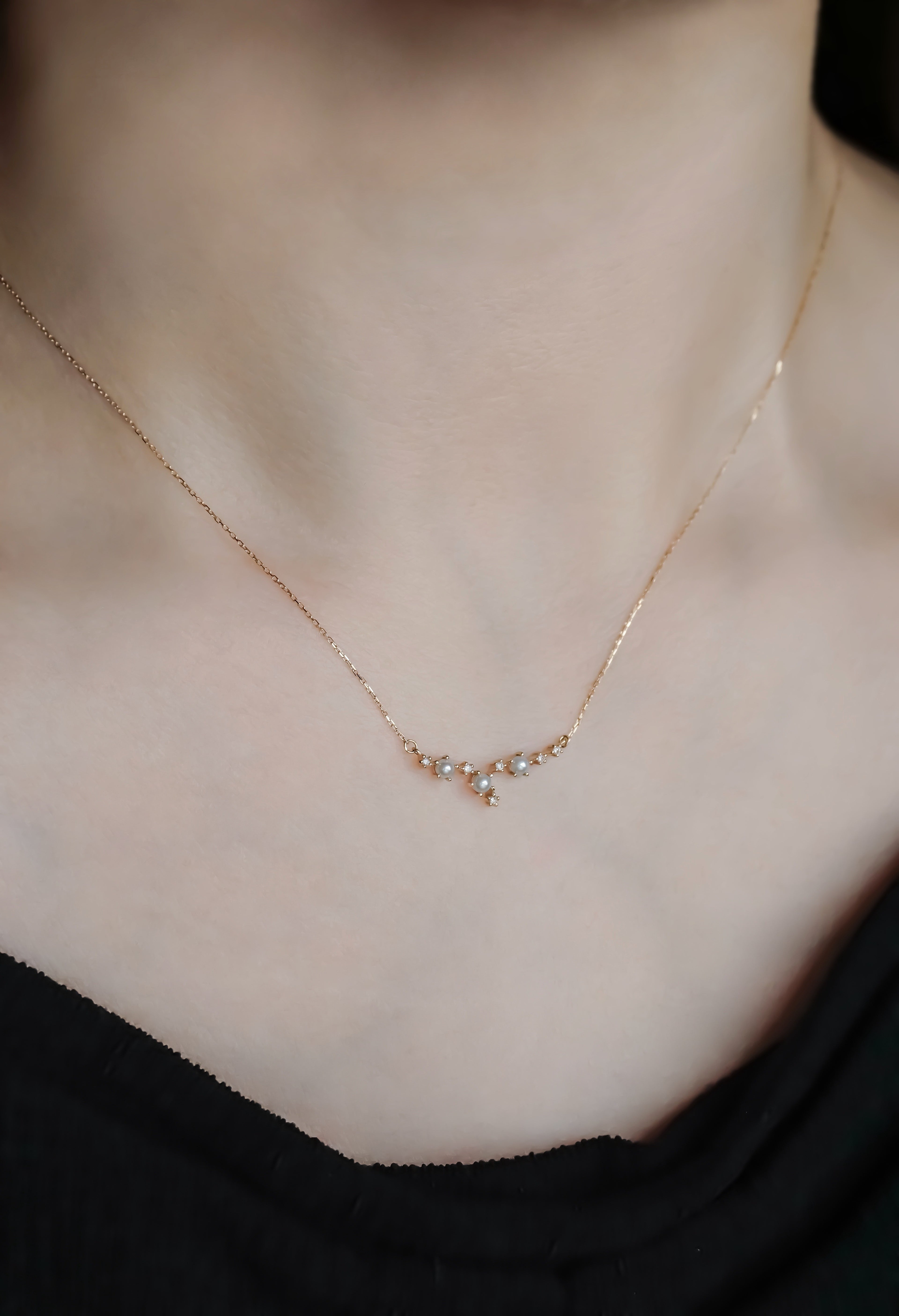 日本製K金淡水珍珠天然鑽石項鍊頸鏈真人佩戴效果圖右面