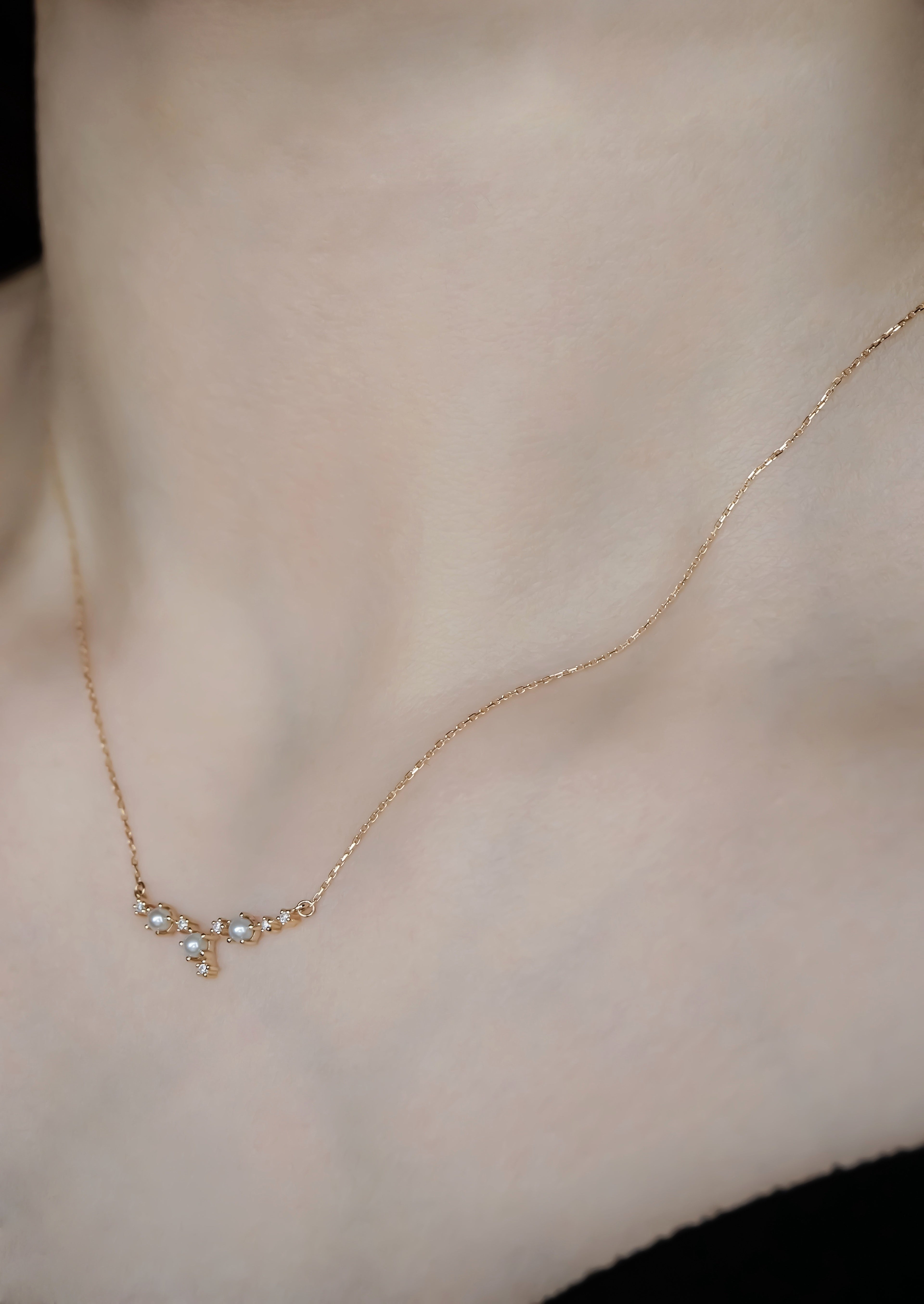 日本製K金淡水珍珠天然鑽石項鍊頸鏈真人佩戴效果圖左面