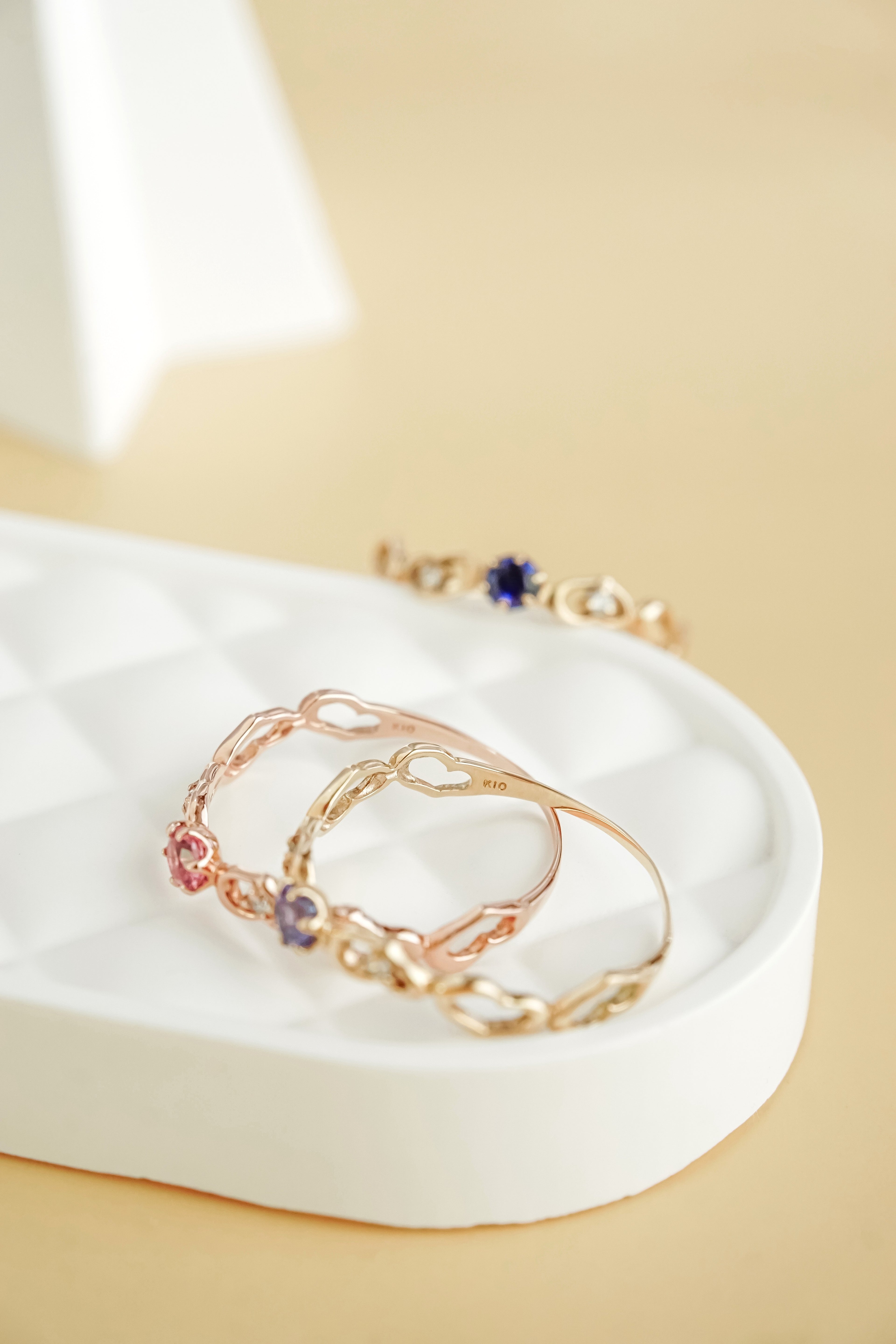 日系10K金彩寶藍寶石粉碧璽坦桑石戒指內圈近拍