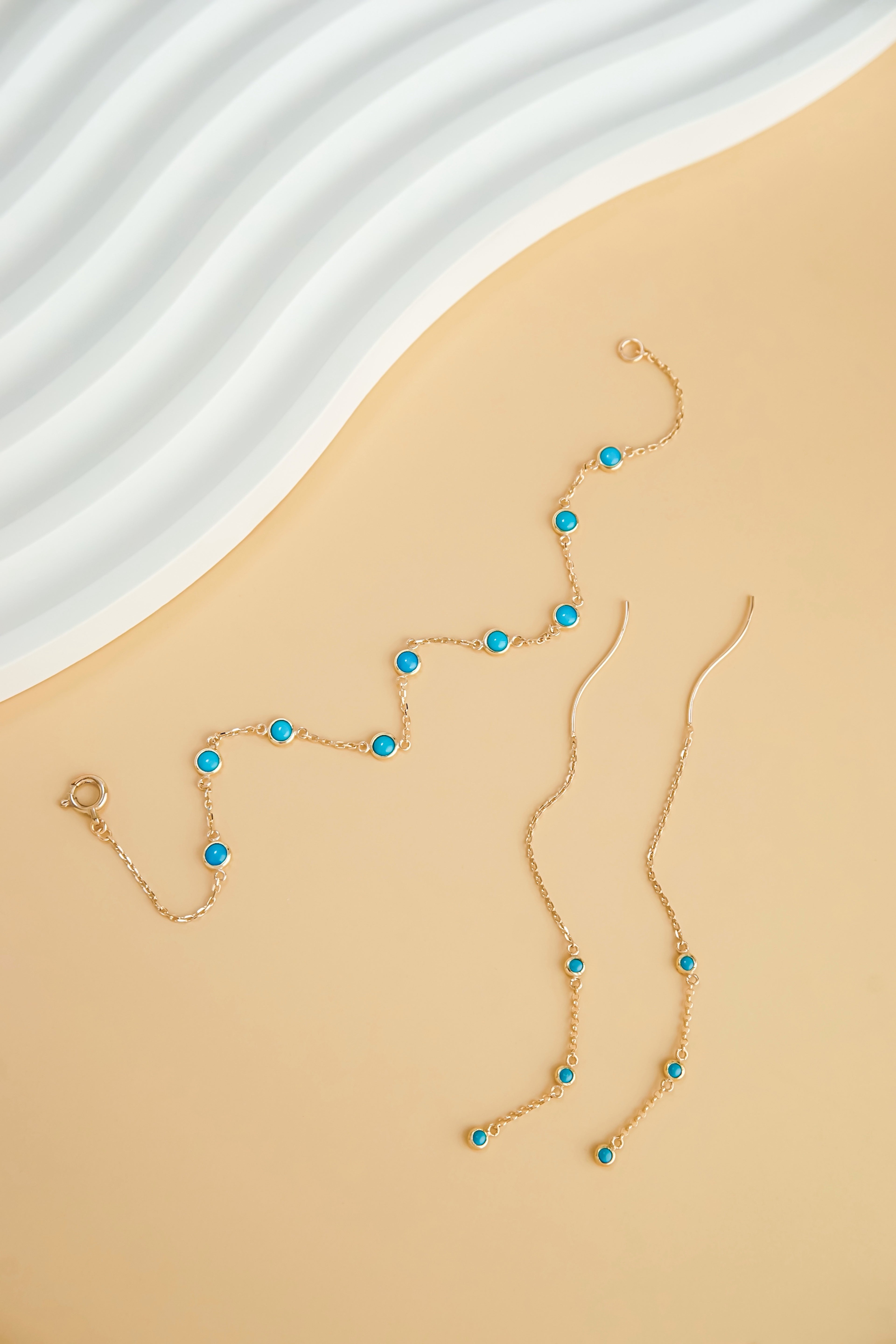 日系10K金綠松石手鍊耳鍊套裝首飾近拍