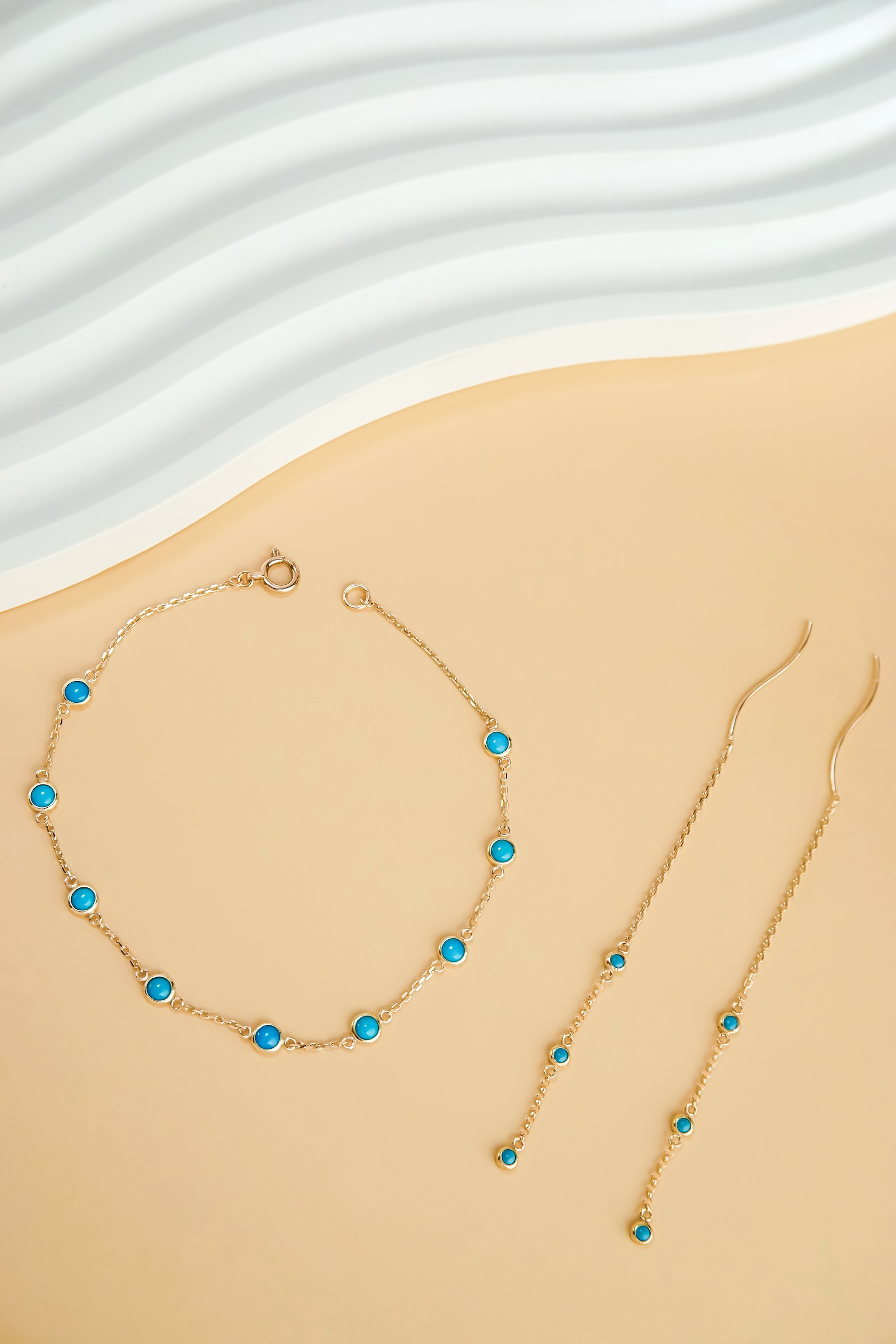 日系10K金綠松石手鍊耳鍊套裝首飾擺拍