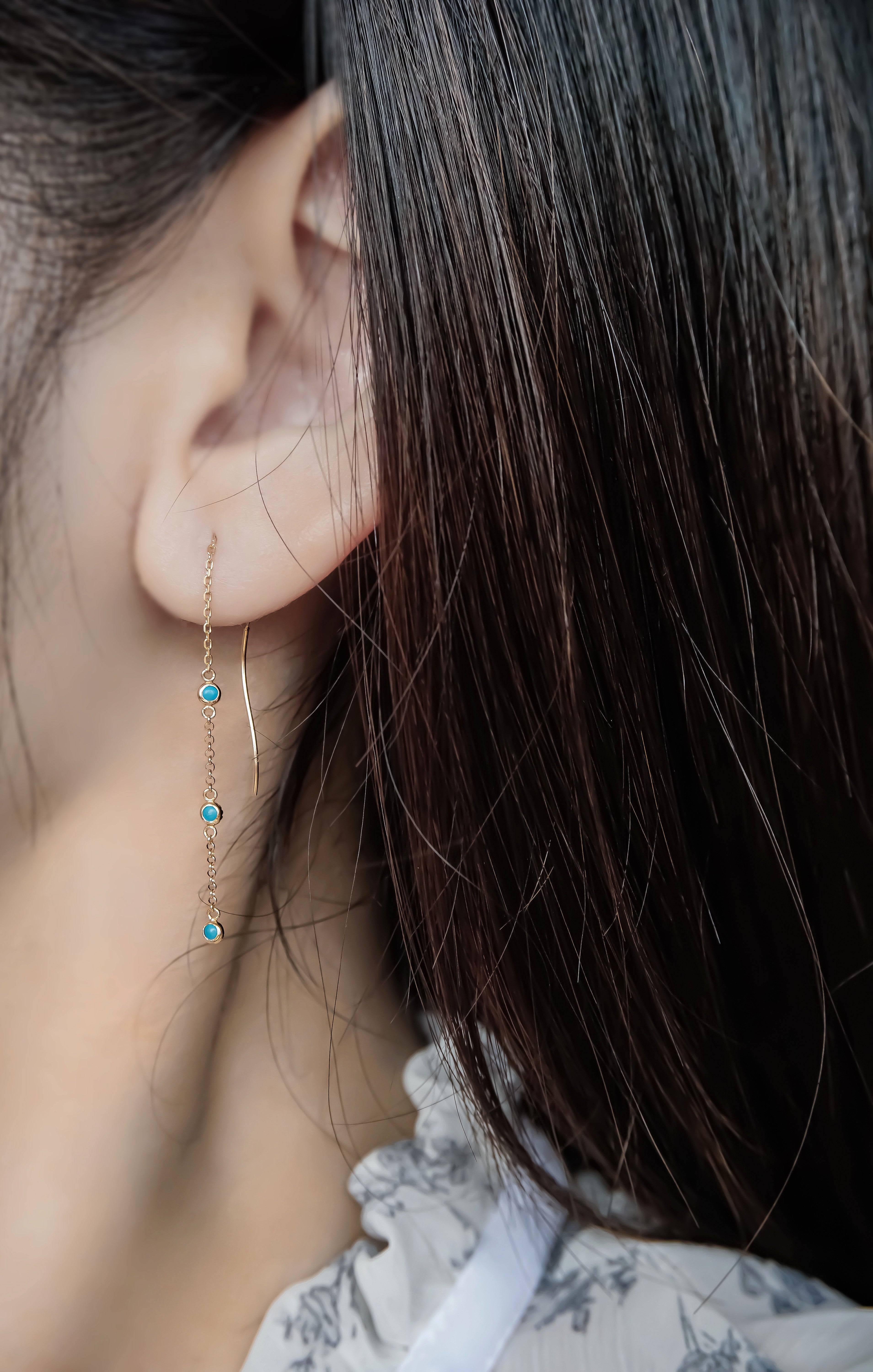 日系10K金綠松石耳鍊真人佩戴效果圖近拍