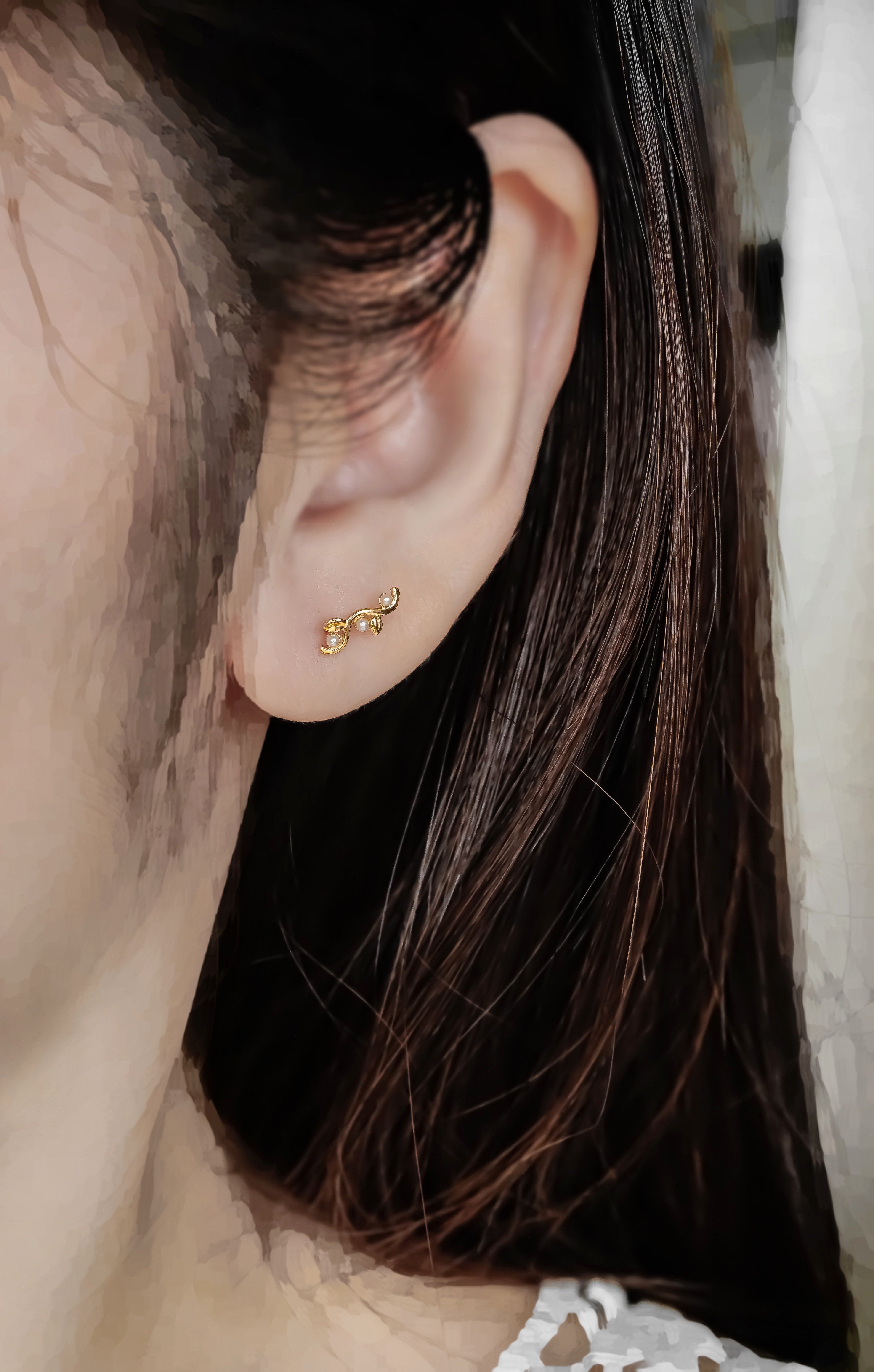 日系K金珍珠耳環耳釘橫向真人佩戴近拍效果圖