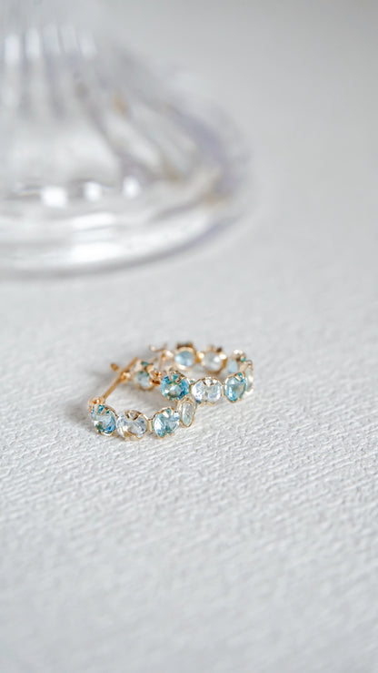 10K Gold Aquamarine & Blue Topaz Hoop Earrings