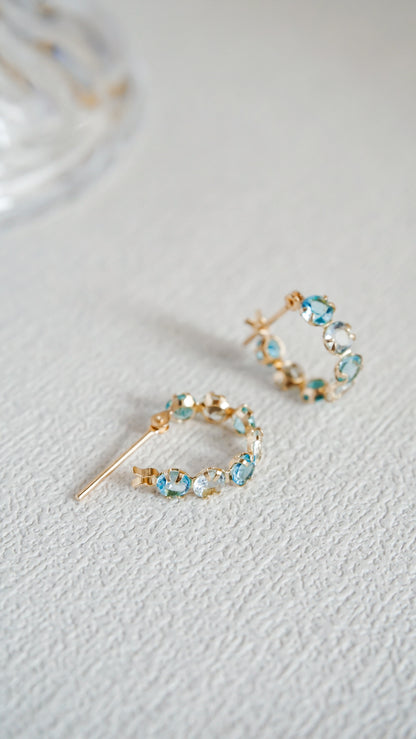 10K Gold Aquamarine & Blue Topaz Hoop Earrings